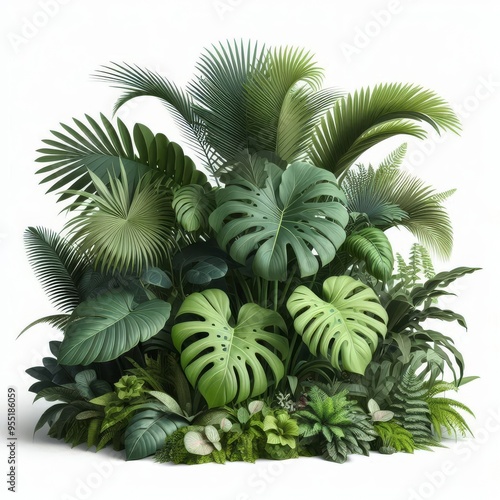 Lush green tropical plants bush (monstera, palm, rubber plant, pine and fern), cut out, прозрачный фон 