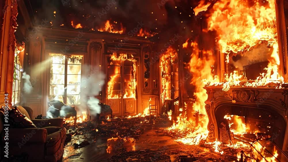 A historic mansion is overtaken by a large fire, with flames spreading rapidly throughout the interior, creating a dramatic and chaotic situation in the evening A historic mansion is overtaken by a large fire, with flames spreading rapidly throughout the interior, creating a dramatic and chaotic situation in the evening