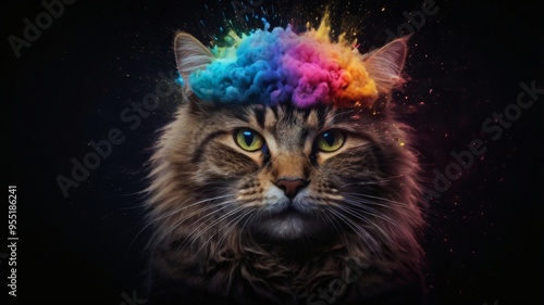 A quirky cat with a vibrant rainbow-colored brain sitting playfully on its head, showcasing a fun and imaginative vibe.