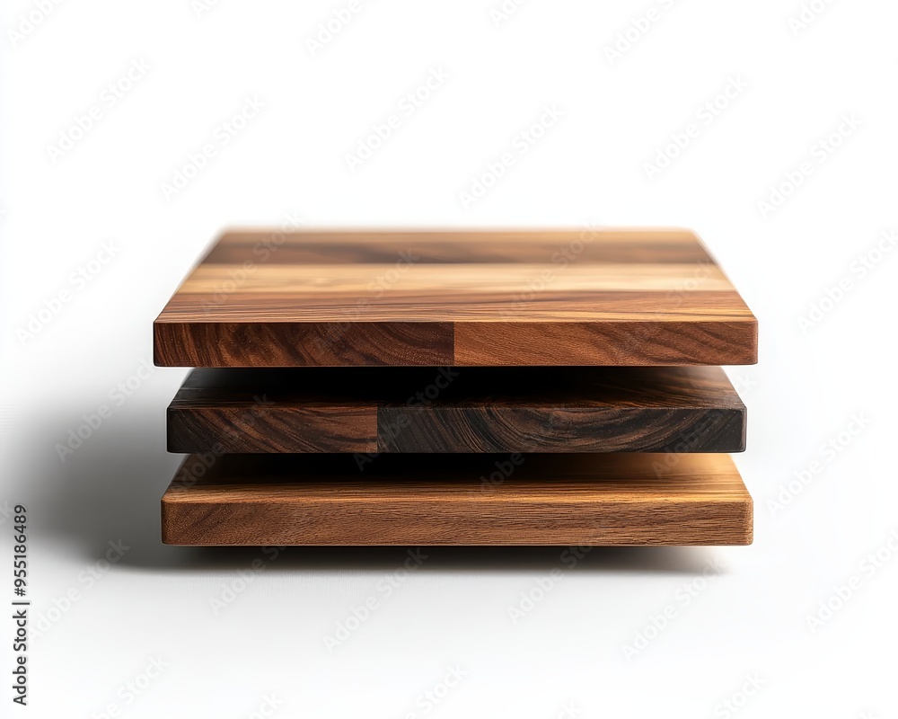 A floating, multi-layered podium with alternating wood and metal surfaces, isolated on white A floating, multi-layered podium with alternating wood and metal surfaces, isolated on white