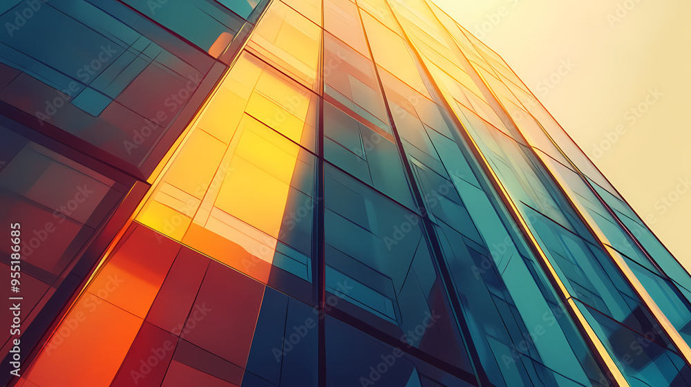 Fototapeta premium Modern glass skyscraper facade with colorful reflections, abstract corporate building architecture, vibrant blue and orange glass panels in sunlight