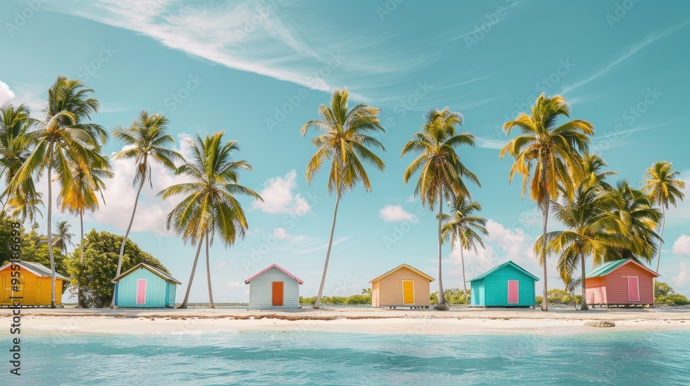 Tropical beach scene featuring colorful beach huts and tall palm trees under a clear blue sky. Idyllic vacation destination. Tropical beach scene featuring colorful beach huts and tall palm trees under a clear blue sky. Idyllic vacation destination.
