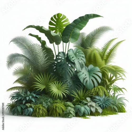 Lush green tropical plants bush (monstera, palm, rubber plant, pine and fern), cut out, прозрачный фон
 photo