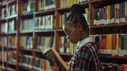 Side profile of a young black african american female school student reading educational book in college library