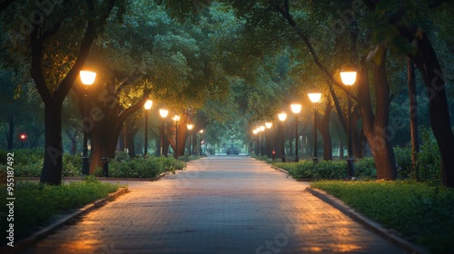 A serene park path illuminated by streetlights, with soft light casting gentle shadows and creating a tranquil evening setting.