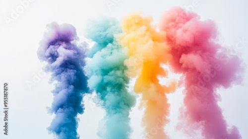 A series of colorful smoke bombs releasing vibrant smoke in different hues, creating a spectrum of colors in the air with a clean, white background.