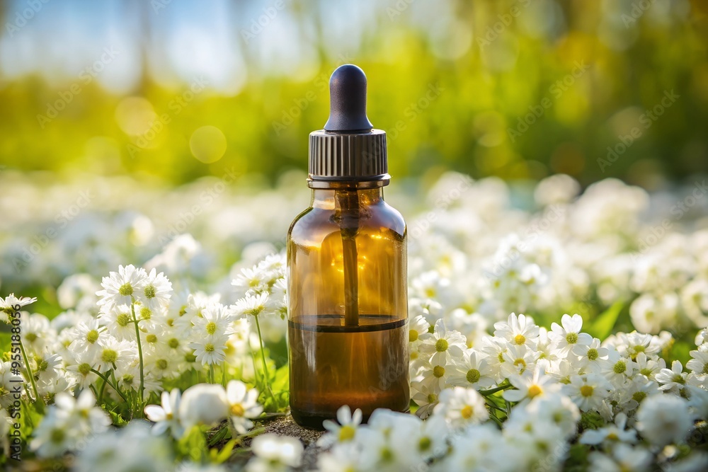Dropper Bottle In Field Of White Flowers Dropper Bottle In Field Of White Flowers