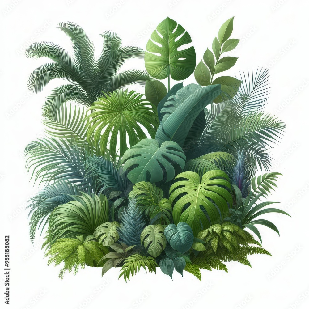 Fototapeta premium Lush green tropical plants bush (monstera, palm, rubber plant, pine and fern), cut out, прозрачный фон 