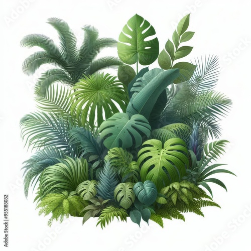 Lush green tropical plants bush (monstera, palm, rubber plant, pine and fern), cut out, прозрачный фон
 photo