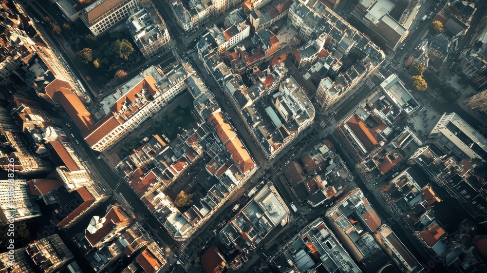 Fototapeta premium Aerial view of a densely populated urban area with intersecting streets, buildings, and rooftops. Cityscape captured from above.