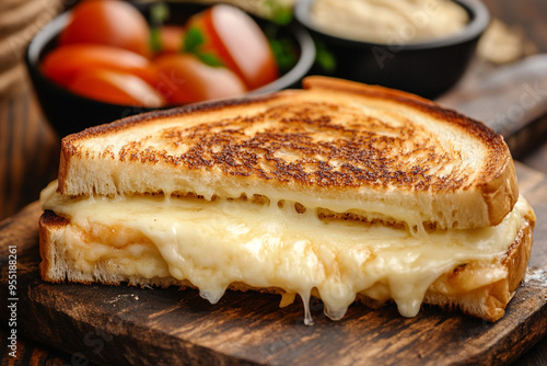 delicious cheese toastie on wooden block	