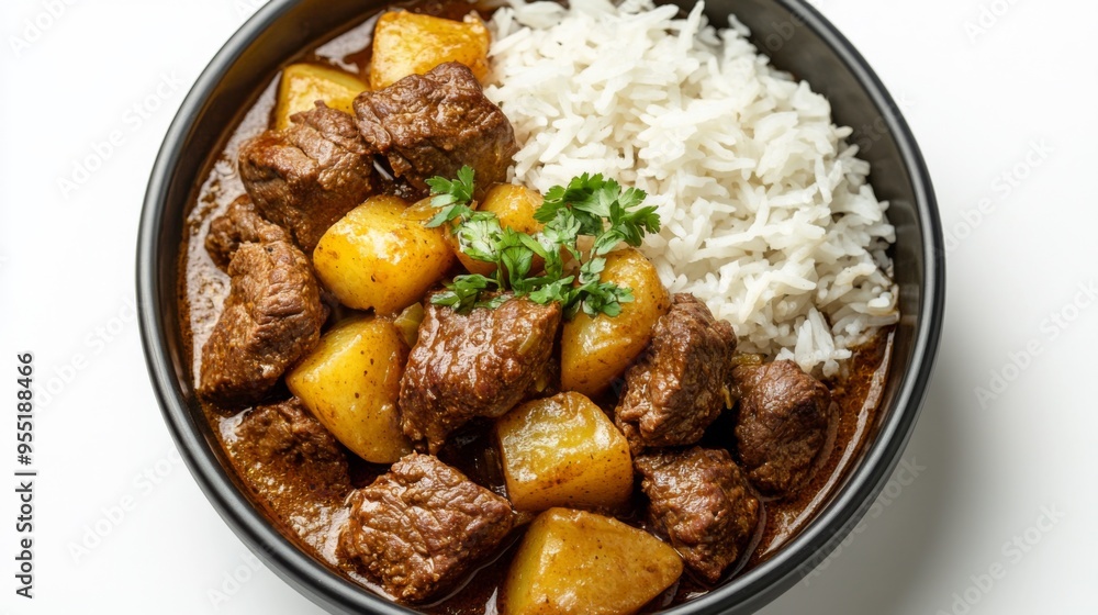 A serving of Massaman Curry with beef and potatoes, served with jasmine rice, captured on a clean white background. A serving of Massaman Curry with beef and potatoes, served with jasmine rice, captured on a clean white background.