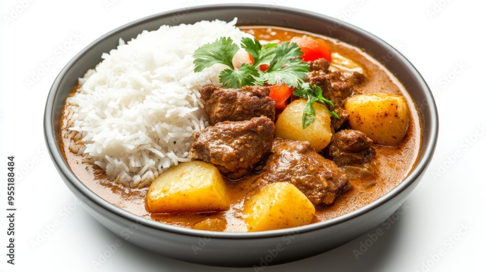 A serving of Massaman Curry with beef and potatoes, served with jasmine rice, captured on a clean white background. A serving of Massaman Curry with beef and potatoes, served with jasmine rice, captured on a clean white background.
