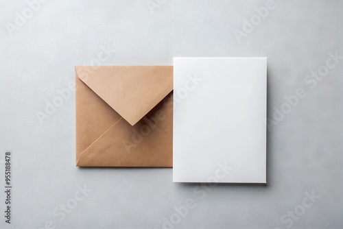 Simple white card and kraft envelope set up for a mock-up against a clean background