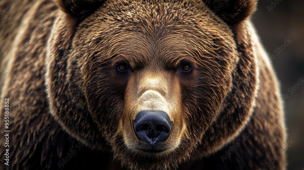Powerful close-up of a fierce grizzly bear, its rugged features and piercing gaze conveying raw, untamed strength Powerful close-up of a fierce grizzly bear, its rugged features and piercing gaze conveying raw, untamed strength