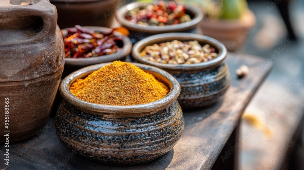 A set of ceramic containers filled with Thai spices and seasonings, including chili powder, garlic powder, and ground coriander, ready for cooking. A set of ceramic containers filled with Thai spices and seasonings, including chili powder, garlic powder, and ground coriander, ready for cooking.