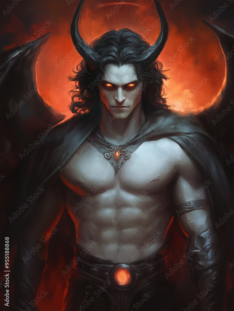 fallen angel handsome attractive male figure with wings and horns - fantasy illustration - generative ai fallen angel handsome attractive male figure with wings and horns - fantasy illustration - generative ai