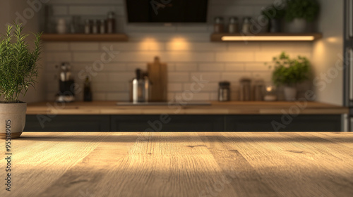 empty in focus kitchen work top for product with out of focus modern kitchen background	