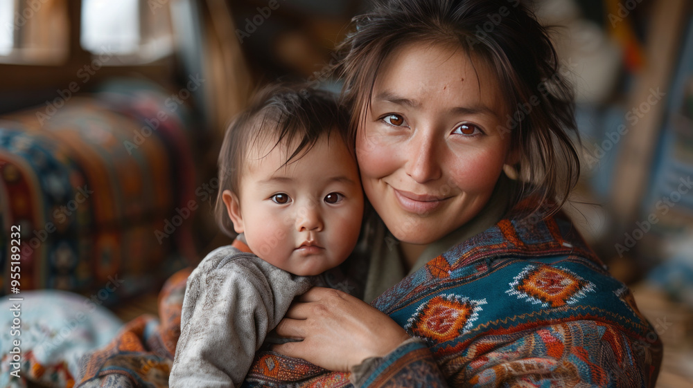 Mongolian mother dressed clean modern cashmere, holding 1 months old baby boy wearin clean modern cloth, in sitting mongolian modern yurt Mongolian mother dressed clean modern cashmere, holding 1 months old baby boy wearin clean modern cloth, in sitting mongolian modern yurt