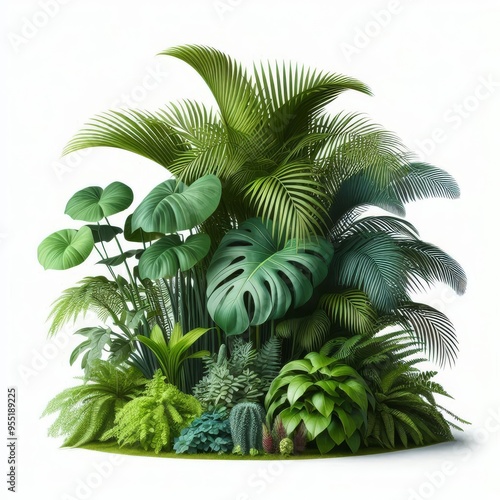 Lush green tropical plants bush (monstera, palm, rubber plant, pine and fern), cut out, прозрачный фон
 photo