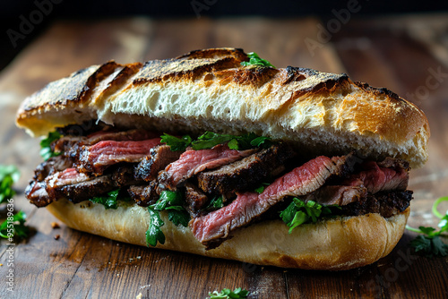 delicious steak ciabatta with tomatoes and lettuce 