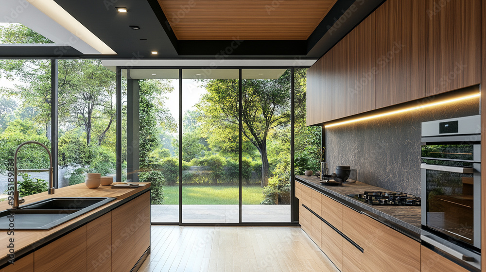modern wooden kitchen interior with large windows modern wooden kitchen interior with large windows