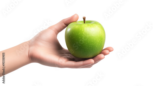 Hand holding green apple isolated on transparent background