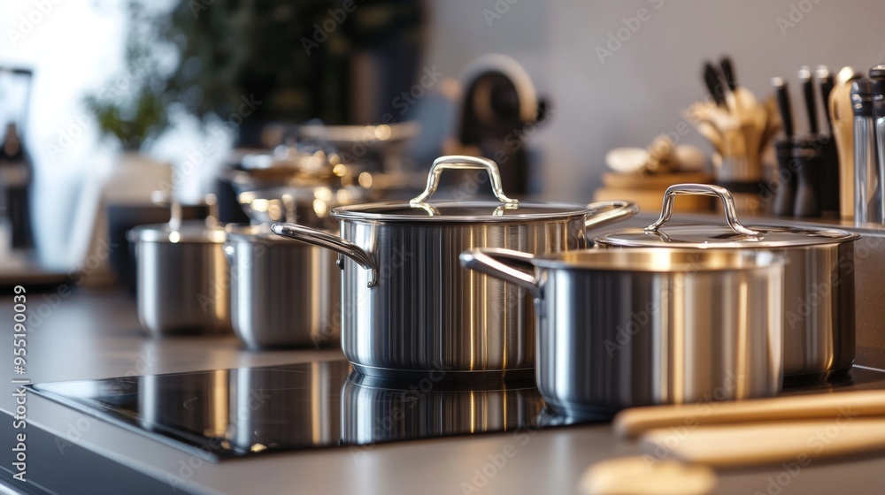 A set of stainless steel cooking pots and frying pans neatly arranged on a modern kitchen counter, highlighting their sleek design and functionality.
