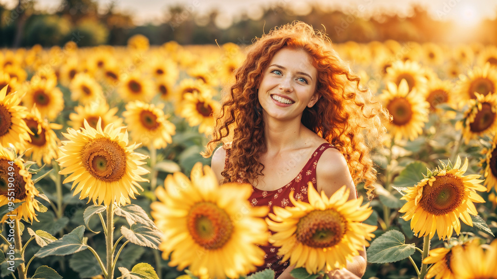 miling Girl with Curly Red Hair Standing in Sunflower Field, Joyfully Smiling in Sunlight miling Girl with Curly Red Hair Standing in Sunflower Field, Joyfully Smiling in Sunlight