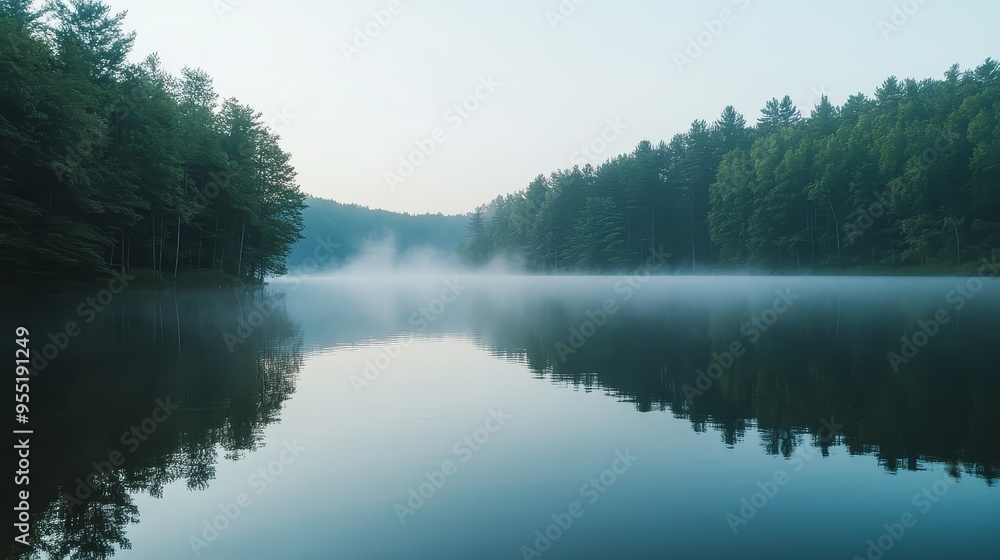 Obraz premium Misty Morning Lake with Forest Reflection