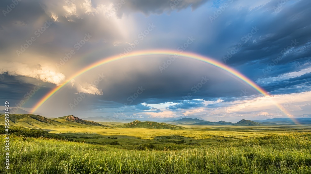 Rainbow over Green Hills and Meadow Landscape Rainbow over Green Hills and Meadow Landscape