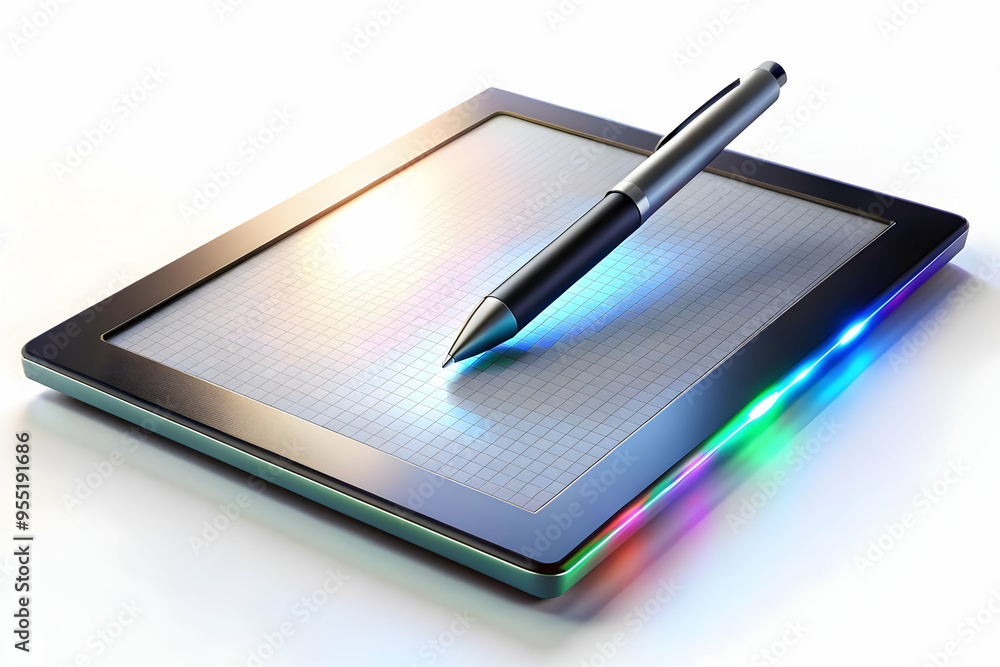 3D Digital Pen Hovering Above Holographic Drawing Pad Concept with Copy Space on White Surface 3D Digital Pen Hovering Above Holographic Drawing Pad Concept with Copy Space on White Surface