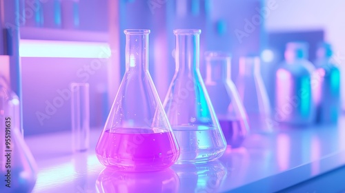 Laboratory Glassware with Pink and Blue Liquid in Neon Lighting