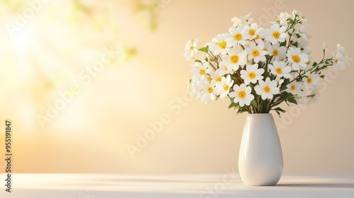Wallpaper Mural White Flowers in a Vase with Beige Background and Sunlight Torontodigital.ca
