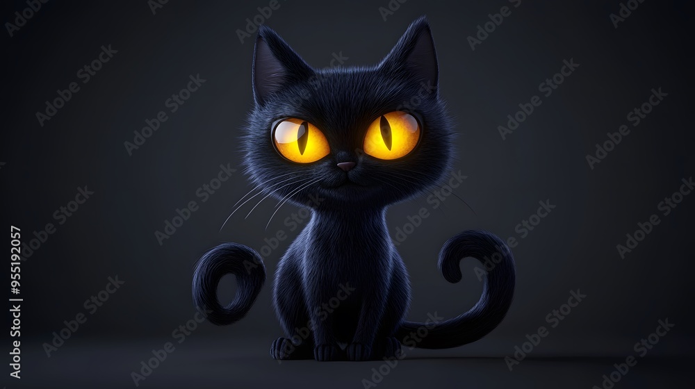 Adorable cartoon black cat with glowing yellow eyes and a curled tail, isolated on a solid dark grey background, subtle ambient lighting, 3D render with smooth fur textures and playful posture, Adorable cartoon black cat with glowing yellow eyes and a curled tail, isolated on a solid dark grey background, subtle ambient lighting, 3D render with smooth fur textures and playful posture,