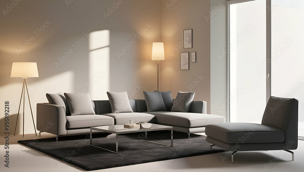 Contemporary living room design featuring a plush sofa, armchair, and coffee table, perfect for relaxing in a stylish and comfortable home Contemporary living room design featuring a plush sofa, armchair, and coffee table, perfect for relaxing in a stylish and comfortable home