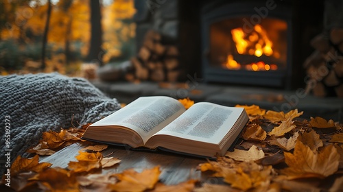 A high-definition photograph of an open book resting on a rustic wooden table, near a crackling fireplace, golden autumn leaves scattered around, warm, nostalgic atmosphere, soft natural lighting, photo