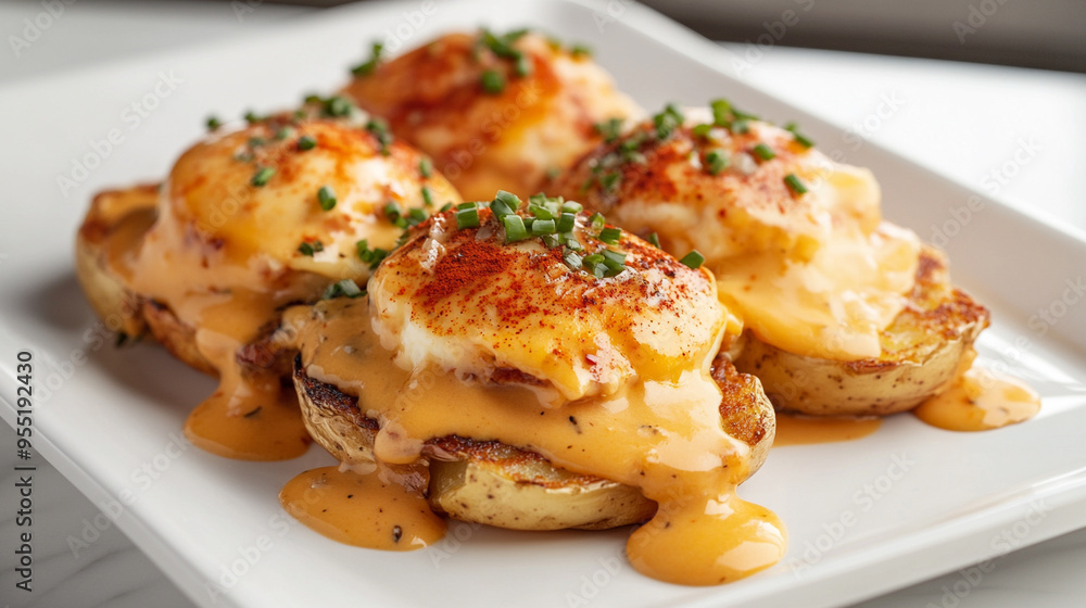 Eggs Benedict with extra sauce and sliced toppings, elegantly served on a white plate, perfect for brunch and conveying indulgence and gourmet breakfast Eggs Benedict with extra sauce and sliced toppings, elegantly served on a white plate, perfect for brunch and conveying indulgence and gourmet breakfast