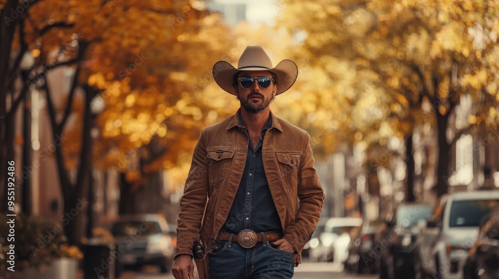 A man dressed in a stylish outfit, including a cowboy hat and sunglasses, strolls confidently down a bustling city street lined A man dressed in a stylish outfit, including a cowboy hat and sunglasses, strolls confidently down a bustling city street lined