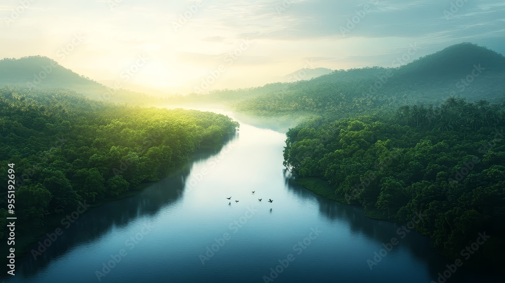 Fototapeta premium Aerial View of a Serene River Flowing Through a Lush Tropical Rainforest at Sunset