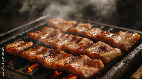 A sizzling hot barbecue grill loaded with juicy pork belly slices, smoke rising and flames licking the meat, igniting the senses. photo