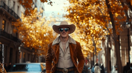 A man dressed in a stylish outfit, including a cowboy hat and sunglasses, strolls confidently down a bustling city street lined photo