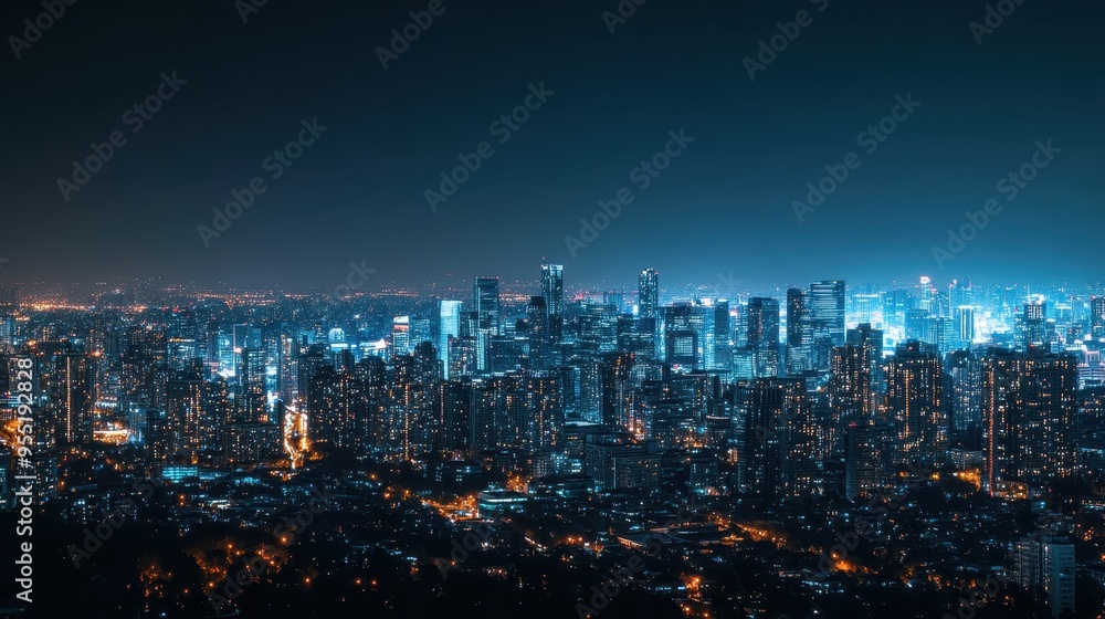 Fototapeta premium Panoramic night view of a vibrant cityscape with illuminated skyscrapers and buildings under a clear, dark blue sky.
