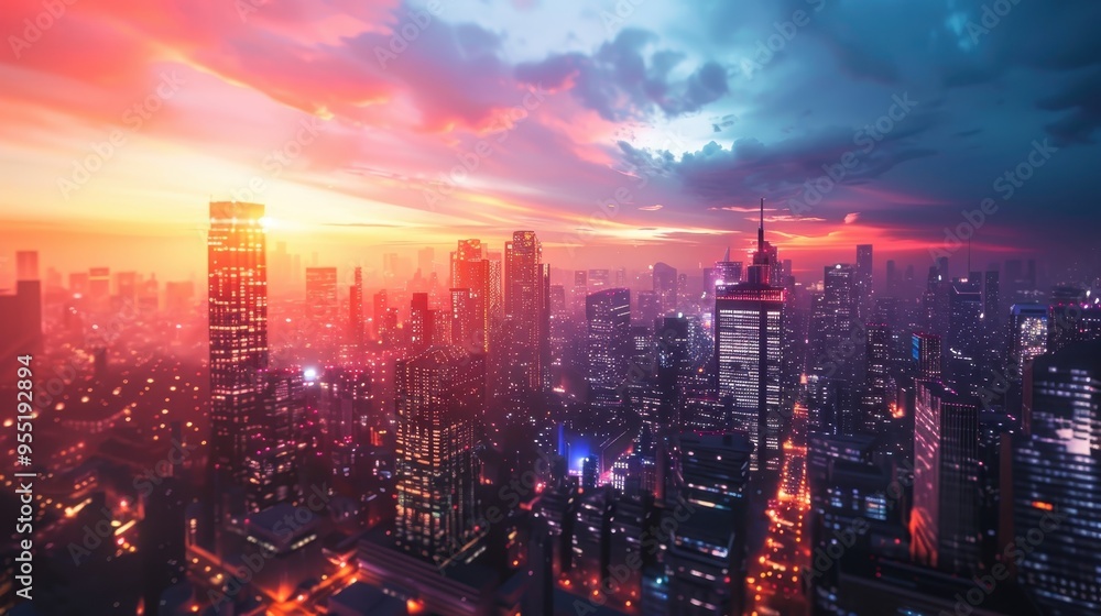 Stunning aerial view of a bustling city at sunset with vibrant colors, tall buildings, and illuminated streets under a dramatic sky. Stunning aerial view of a bustling city at sunset with vibrant colors, tall buildings, and illuminated streets under a dramatic sky.