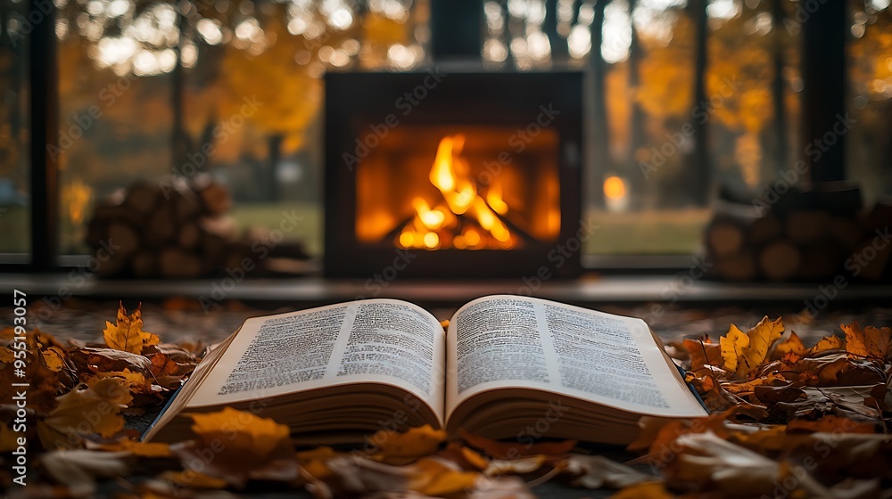 A peaceful autumn evening with an open book, pages gently moving in the breeze, a glowing fireplace and autumn leaves creating a cozy backdrop, warm and reflective ambiance, detailed textures, A peaceful autumn evening with an open book, pages gently moving in the breeze, a glowing fireplace and autumn leaves creating a cozy backdrop, warm and reflective ambiance, detailed textures,