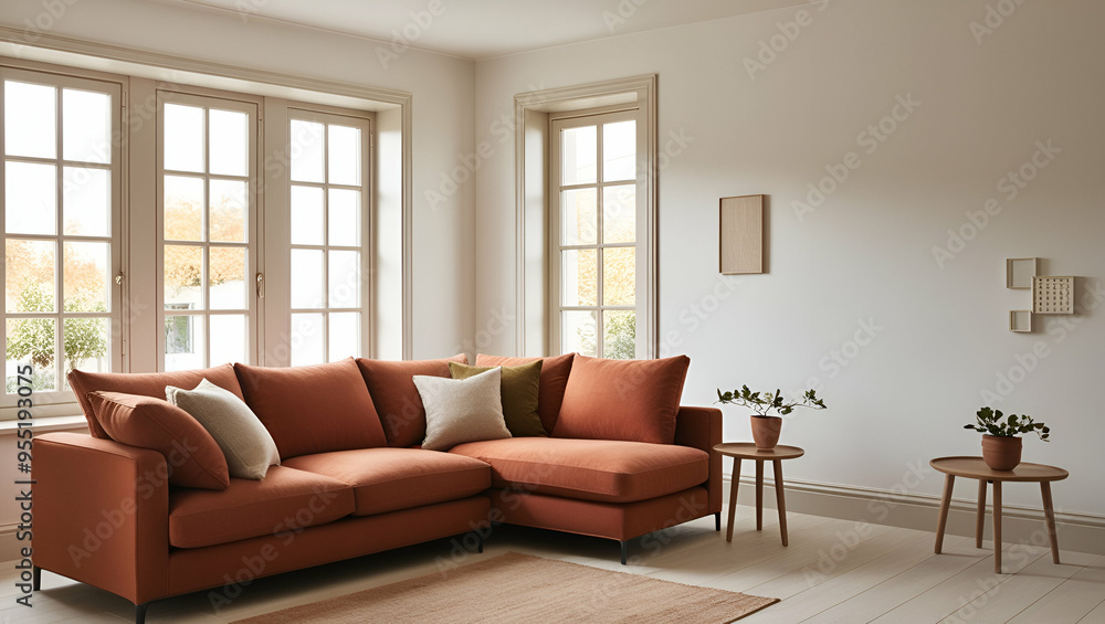 Fototapeta premium Contemporary living room interior with plush sofa, stylish armchair, and elegant floor lamp, perfect for modern home living