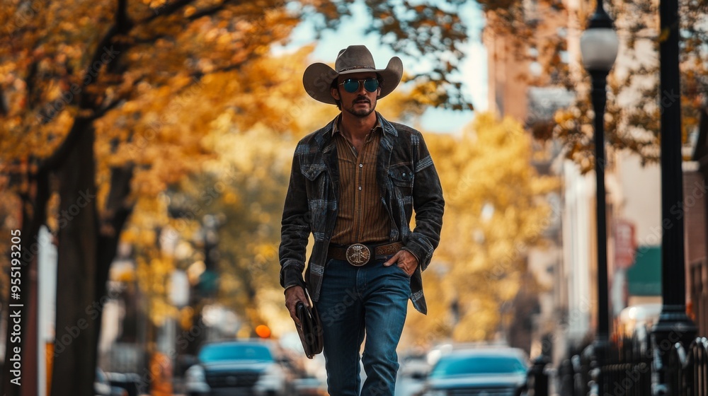 A man dressed in a stylish outfit, including a cowboy hat and sunglasses, strolls confidently down a bustling city street lined A man dressed in a stylish outfit, including a cowboy hat and sunglasses, strolls confidently down a bustling city street lined