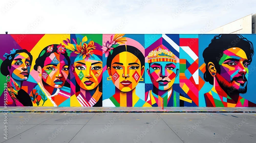 Vibrant mural depicting Hispanic cultural icons, street art style, urban setting, celebrating Hispanic Heritage Month, Hispanic culture, urban pride Vibrant mural depicting Hispanic cultural icons, street art style, urban setting, celebrating Hispanic Heritage Month, Hispanic culture, urban pride