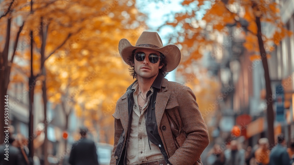 A man dressed in a stylish outfit, including a cowboy hat and sunglasses, strolls confidently down a bustling city street lined A man dressed in a stylish outfit, including a cowboy hat and sunglasses, strolls confidently down a bustling city street lined