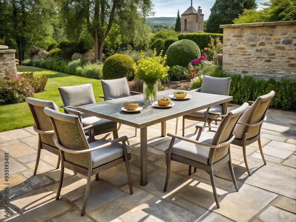 A serene outdoor setting comprises a sturdy stone patio, topped with a weathered wood dining table surrounded by A serene outdoor setting comprises a sturdy stone patio, topped with a weathered wood dining table surrounded by